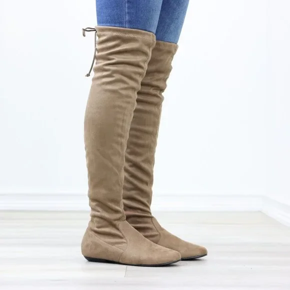 Taupe Thigh High Over The Knee Flat Boots Faux Suede - Picture 2 of 15
